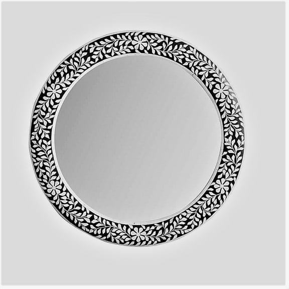RUDRAKSHA CORPORATION Modern Round Bone Inlay Mirror Frame, Black & White Floral Handcrafted Wall Accent for Living Room, Bedroom & Entryway