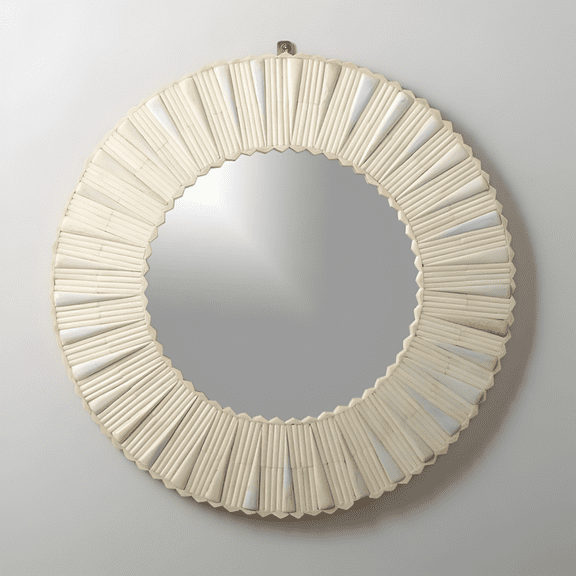 RUDRAKSHA CORPORATION Round Bone Inlay Mirror Frame, Beige Sunburst Design, Monochrome Wall Mirror for Retro, Boho, or Coastal Décor