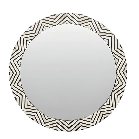 RUDRAKSHA CORPORATION Round Bone Inlay Mirror Frame – Black & White Chevron Starburst, Modern Wall Decor