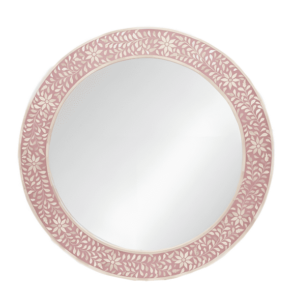 RUDRAKSHA CORPORATION Round Bone Inlay Mirror Frame – Blush Pink Floral Design, Handcrafted Wall Decor
