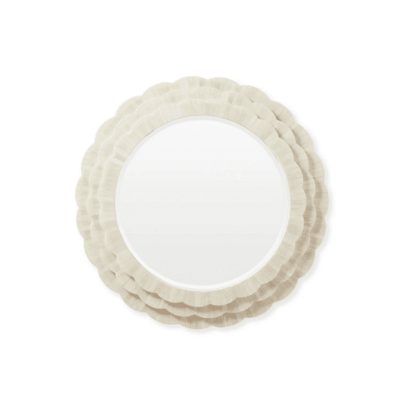 RUDRAKSHA CORPORATION Round Bone Inlay Mirror Frame, Soft Ivory Scalloped Design, Monochrome Wall Mirror for Coastal, Boho, or Modern Decor