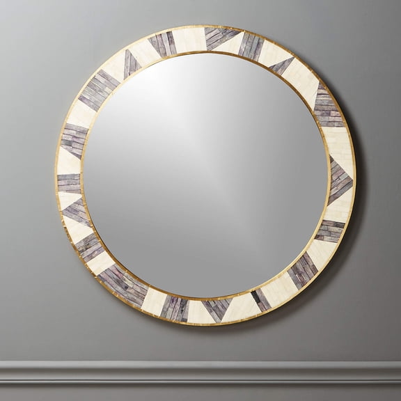 RUDRAKSHA CORPORATION Round Bone Inlay Wall Mirror – Cream and Grayish-Purple Sunburst Frame, Brass Trim Finish