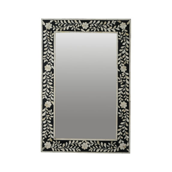 RUDRAKSHA CORPORATION Traditional Rectangle Bone Inlay Mirror, Black and Ivory Frame with Detailed Floral & Leaf Pattern, Elegant Wall Decor