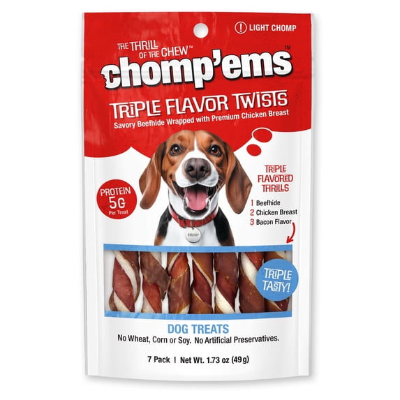 Chomp'ems Beef Rawhide Chewy Sticks, Triple Flavor Twists, 7 Pack ...