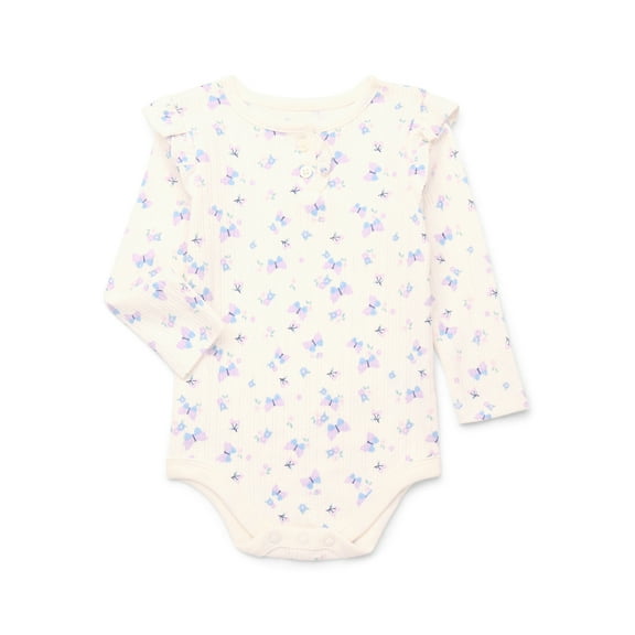 Garanimals Baby Girl Henley Printed Bodysuit with Long Sleeves, Sizes 0-24 Months