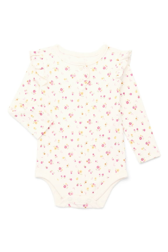 Baby Girl Henley Printed Bodysuit with Long Sleeves, Sizes 0-24 Months