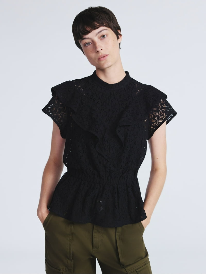 Scoop Women's Lace Ruffle Peplum Blouse with Short Sleeves, Sizes