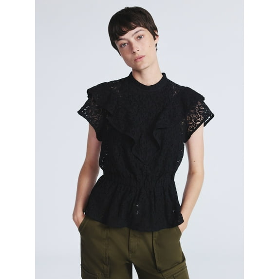 Scoop Women’s Lace Ruffle Peplum Blouse with Short Sleeves, Sizes XS-XXL