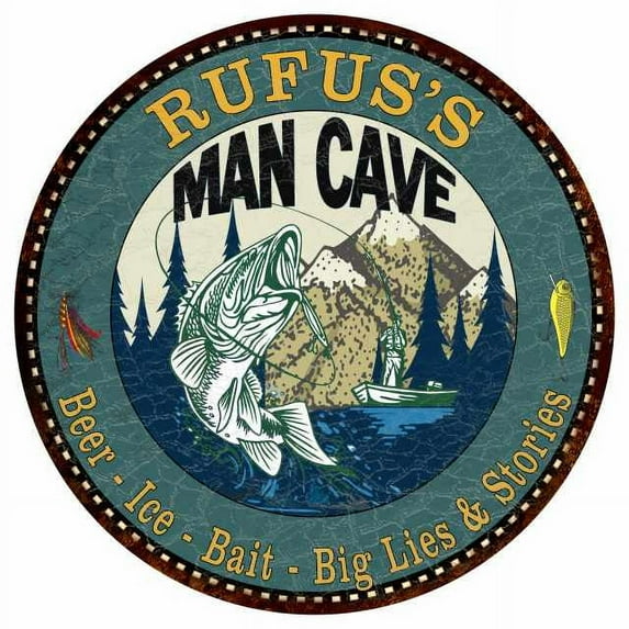 RUFUS'S Man Cave Fishing 14" Round Metal Sign Garage Bar Wall Décor 100140004223
