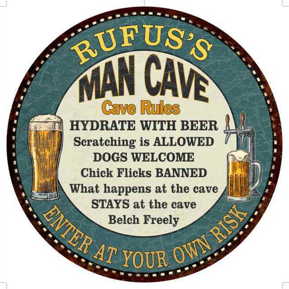 RUFUS'S Man Cave Rules 14" Round Metal Sign Garage Wall Decor 100140009223
