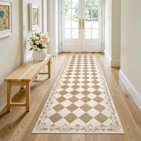 RUG ROBOT 2.5' x 8' Runner Rug for Hallway, Non Slip Washable Checkered Rug for Kitchen, Beige Neutral Bathroom Home Decor Plaid Diamond Low Pile Print Carpet for Entryway Bedroom Laundry