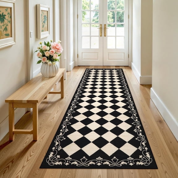 RUG ROBOT 2.5' x 8' Runner Rug for Hallway, Non Slip Washable Checkered Rug for Kitchen, Black Neutral Bathroom Home Decor Plaid Diamond Low Pile Print Carpet for Entryway Bedroom Laundry