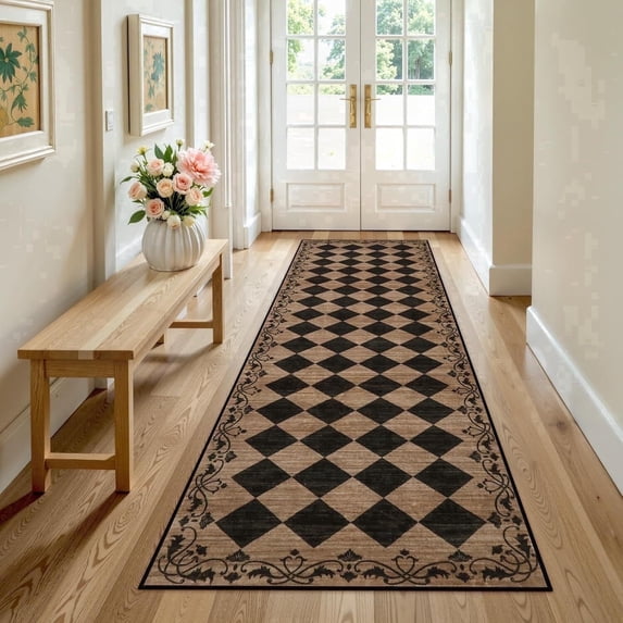 RUG ROBOT 2.5' x 8' Runner Rug for Hallway, Non Slip Washable Checkered Rug for Kitchen, Brown Neutral Bathroom Home Decor Plaid Diamond Low Pile Print Carpet for Entryway Bedroom Laundry
