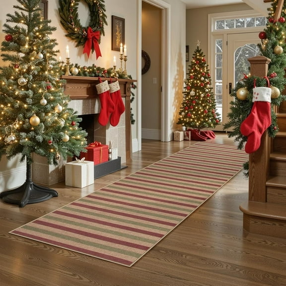 RUG ROBOT 2'5''x8' Christmas Runner Rug, Easy Jute Striped Plaid Christmas Rugs for Kitchen Hallway Entryway Front Porch, Non Slip Farmhouse Holiday Rug Xmas Decor