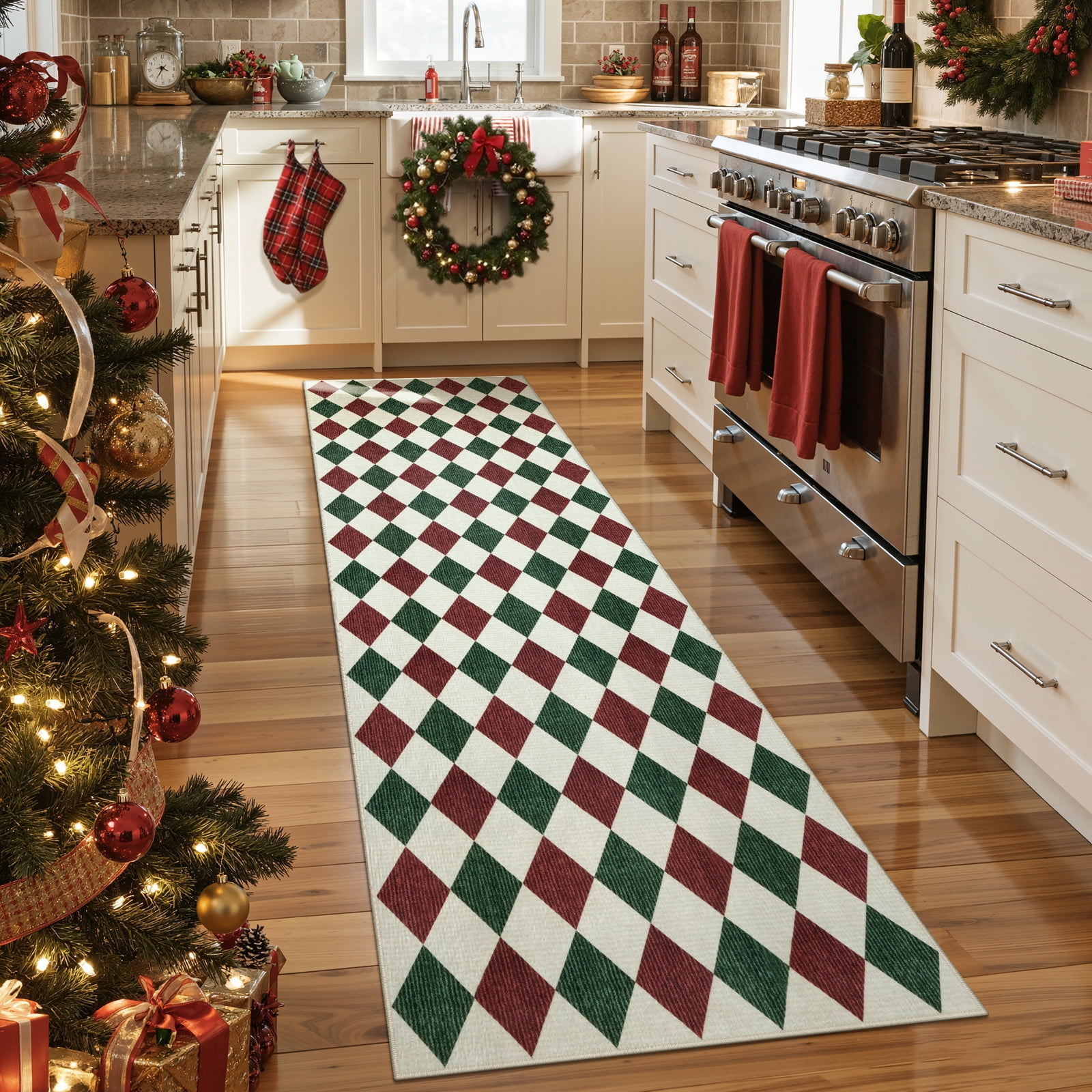 RUG ROBOT 2'6''x8' Christmas Runner Rugs for Hallway, Washable Non-Slip Checkered Kitchen Runner Rug, Farmhouse Xmas Holiday Rug for Entryway, Bedroom, Laundry Indoor Christmas Decor