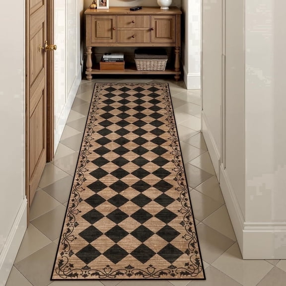 RUG ROBOT 2' x 6' Runner Rug for Hallway, Non Slip Washable Checkered Rug for Kitchen, Brown Neutral Bathroom Home Decor Plaid Diamond Low Pile Print Carpet for Entryway Bedroom Laundry