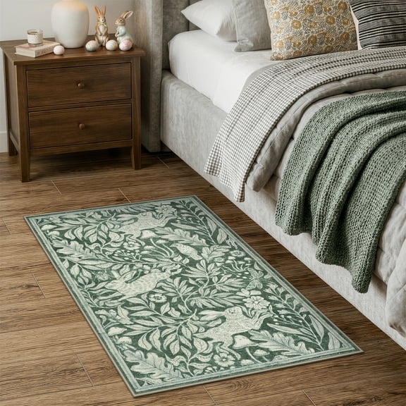 RUG ROBOT Bunny 2'x3' Area Rugs for Living Room, Whimsical Woodland Washable Small Area Rugs for Bedroom Soft Throw Rug for Bathroom Kitchen Nursery Non Slip Doormat, Green