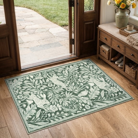 RUG ROBOT Bunny 2'x3' Entryway Rugs Whimsical Woodland Washable Small Area Rugs for Bedroom Soft Throw Rug for Bathroom Kitchen Nursery Non Slip Doormat, Green