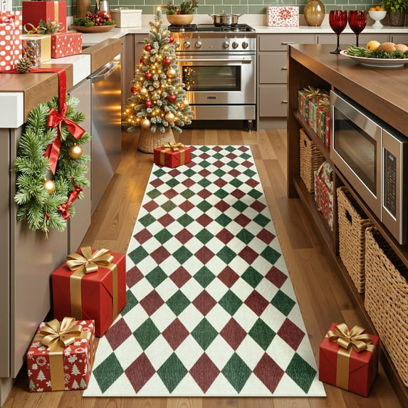 RUG ROBOT 2'x6' Christmas Runner Rugs for Hallway, Washable Non-Slip Checkered Kitchen Runner Rug, Farmhouse Xmas Holiday Rug for Entryway, Bedroom, Laundry Indoor Christmas Decor