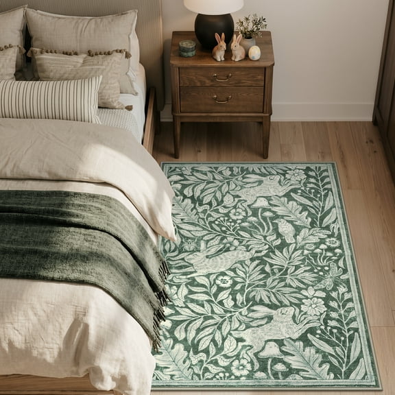 RUG ROBOT Bunny 3'x5' Area Rugs for Living Room, Whimsical Woodland Washable Small Area Rugs for Bedroom Soft Throw Rug for Bathroom Kitchen Nursery Non Slip Doormat, Green