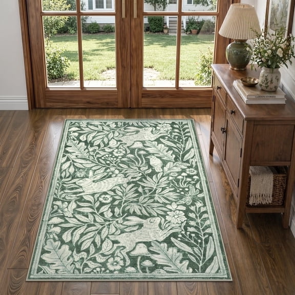 RUG ROBOT Bunny 3'x5' Entryway Rugs Whimsical Woodland Washable Small Area Rugs for Bedroom Soft Throw Rug for Bathroom Kitchen Nursery Non Slip Doormat, Green