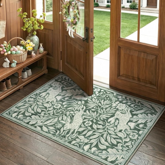 RUG ROBOT Bunny 3'x5' Entryway Rugs Whimsical Woodland Washable Small Area Rugs for Bedroom Soft Easter Throw Rug for Bathroom Kitchen Nursery Non Slip Holiday Doormat, Green
