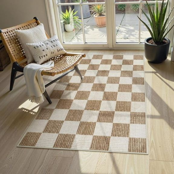 RUG ROBOT 3'x5' Area Rugs for Entryway, Washable Non-Slip Checkered Throw Rugs for Bedroom, Kitchen, Soft Low-Pile Classic Farmhouse Geometric Indoor Door Mat
