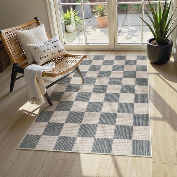 RUG ROBOT 3'x5' Area Rugs for Entryway, Washable Non-Slip Checkered Throw Rugs for Bedroom, Kitchen, Soft Low-Pile Classic Farmhouse Geometric Indoor Door Mat