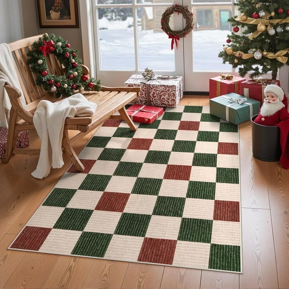 RUG ROBOT 3'x5' Christmas Rugs for Entryway, Washable Non-Slip Checkered Area Rug, Soft Farmhouse Geometric Xmas Holiday Rugs for Bedroom, Living Room Indoor Outdoor Christmas Decor