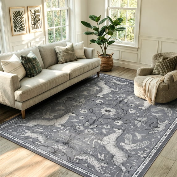 RUG ROBOT 5'x7' Area Rug for Living Room, Vintage Woodland Washable Rug for Bedroom, Cottagecore Accent rug for Nursery Playroom Reading Nook Non Slip Low Pile Stain Resistant, Gray