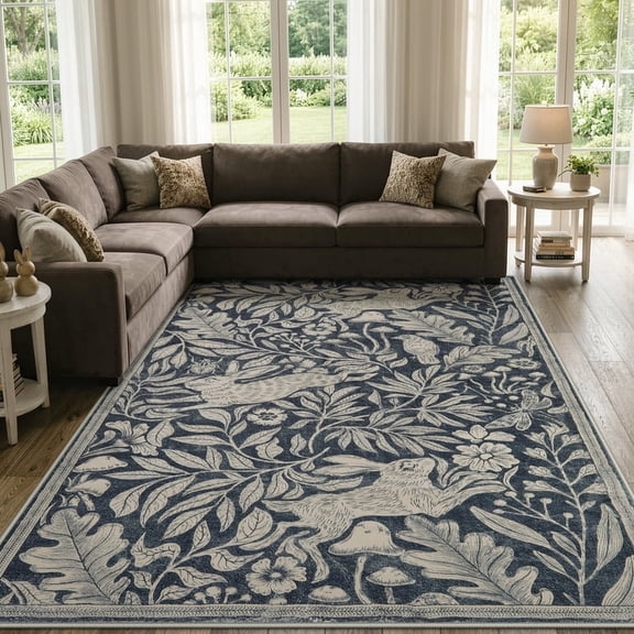 RUG ROBOT 5'x7' Area Rugs for Living Room, Non-Slip Washable Area Rug for Bed Room, Dining Room, Nursery, Soft Whimsical Woodland Bunny Stain Indoor Carpet, Dark Gray