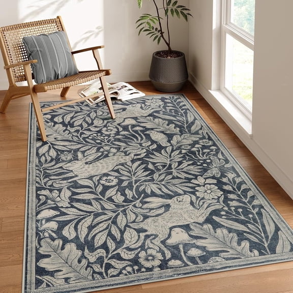 RUG ROBOT 5'x7' Area Rugs for Living Room, Non-Slip Washable Area Rug for Bed Room, Diningroom, Nursery, Soft Whimsical Woodland Bunny Stain Indoor Carpet, Easter Holiday Decor, Dark Gray