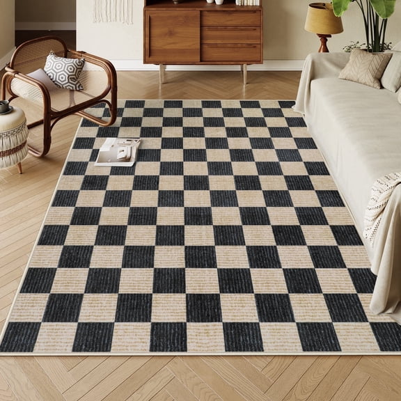 RUG ROBOT 5'x7' Area Rugs for Living Room, Washable Non-Slip Checkered Rugs for Bedroom, Dining Room, Soft Low-Pile Classic Farmhouse Geometric Indoor Large Accent Carpet, Black