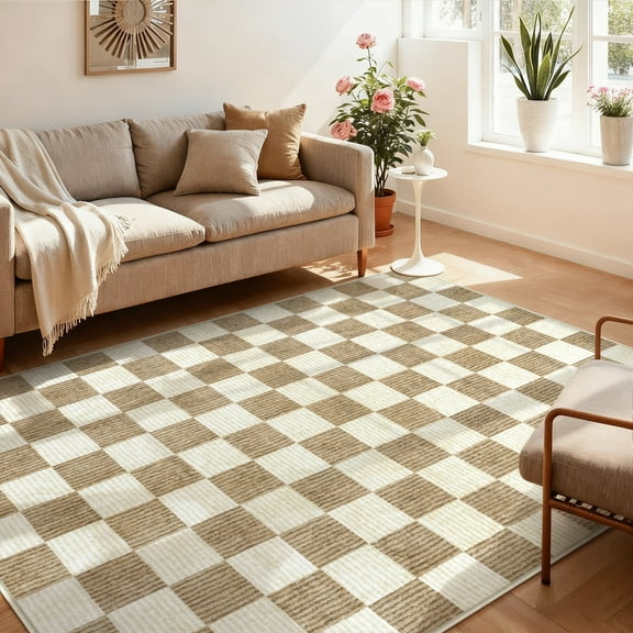 RUG ROBOT 5'x7' Area Rugs for Living Room, Washable Non-Slip Checkered Rugs for Bedroom, Dining Room, Soft Low-Pile Classic Farmhouse Geometric Indoor Large Accent Carpet, Brown
