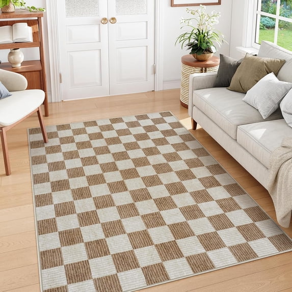 RUG ROBOT 5'x7' Area Rugs for Living Room, Washable Non-Slip Checkered Rugs for Bedroom, Dining Room, Soft Low-Pile Classic Farmhouse Geometric Indoor Large Accent Carpet, Brown