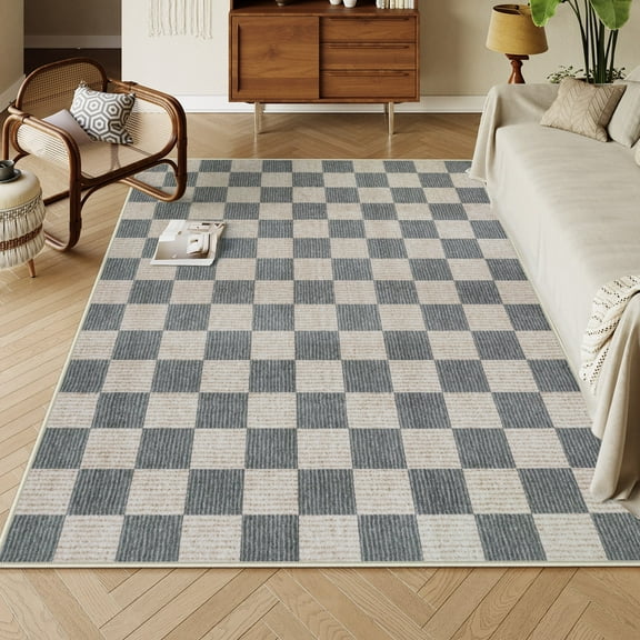 RUG ROBOT 5'x7' Area Rugs for Living Room, Washable Non-Slip Checkered Rugs for Bedroom, Dining Room, Soft Low-Pile Classic Farmhouse Geometric Indoor Large Accent Carpet, Gray