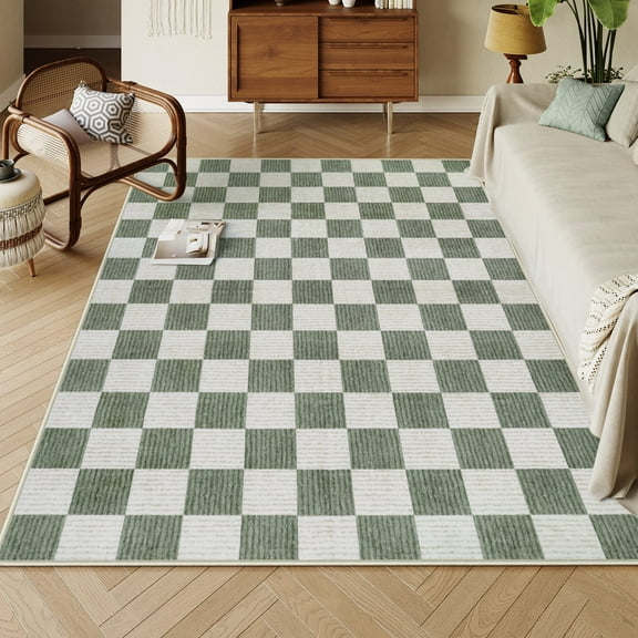 RUG ROBOT 5'x7' Area Rugs for Living Room, Washable Non-Slip Checkered Rugs for Bedroom, Dining Room, Soft Low-Pile Classic Farmhouse Geometric Indoor Large Accent Carpet, Green