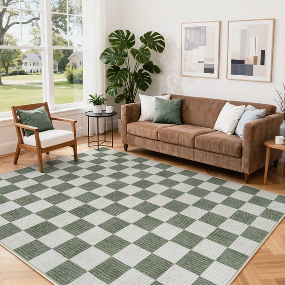 RUG ROBOT 5'x7' Area Rugs for Living Room, Washable Non-Slip Checkered Rugs for Bedroom, Dining Room, Soft Low-Pile Classic Farmhouse Geometric Indoor Large Accent Carpet, Green