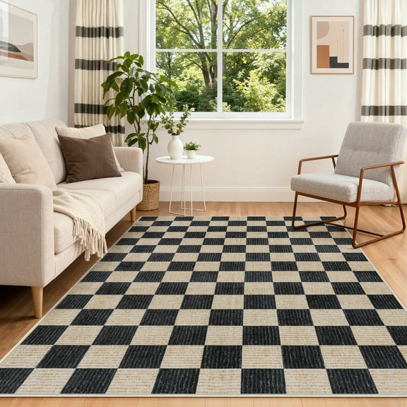 RUG ROBOT 6'x9' Area Rugs for Living Room, Washable Non-Slip Checkered Rugs for Bedroom, Dining Room, Soft Low-Pile Classic Farmhouse Geometric Indoor Large Accent Carpet, Black