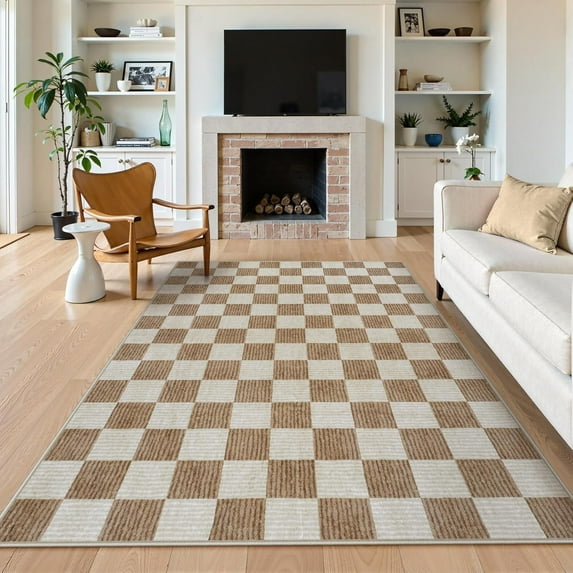 RUG ROBOT 6'x9' Area Rugs for Living Room, Washable Non-Slip Checkered Rugs for Bedroom, Dining Room, Soft Low-Pile Classic Farmhouse Geometric Indoor Large Accent Carpet, Brown