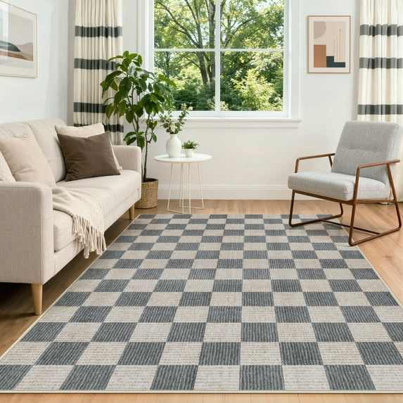 RUG ROBOT 6'x9' Area Rugs for Living Room, Washable Non-Slip Checkered Rugs for Bedroom, Dining Room, Soft Low-Pile Classic Farmhouse Geometric Indoor Large Accent Carpet, Gray