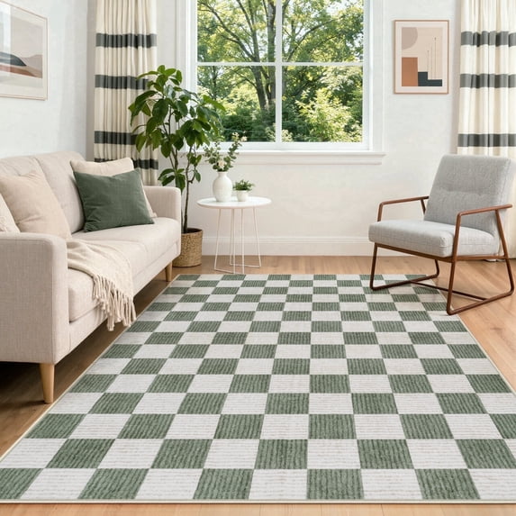 RUG ROBOT 6'x9' Area Rugs for Living Room, Washable Non-Slip Checkered Rugs for Bedroom, Dining Room, Soft Low-Pile Classic Farmhouse Geometric Indoor Large Accent Carpet, Green