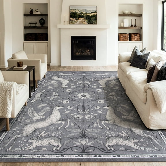 RUG ROBOT 8'x10' Area Rug for Living Room, Vintage Cottagecore Rug for Bedroom,Washable Woodland Rug for Dinning Room Nursery Playroom Non Slip Low Pile Stain Resistant, Gray