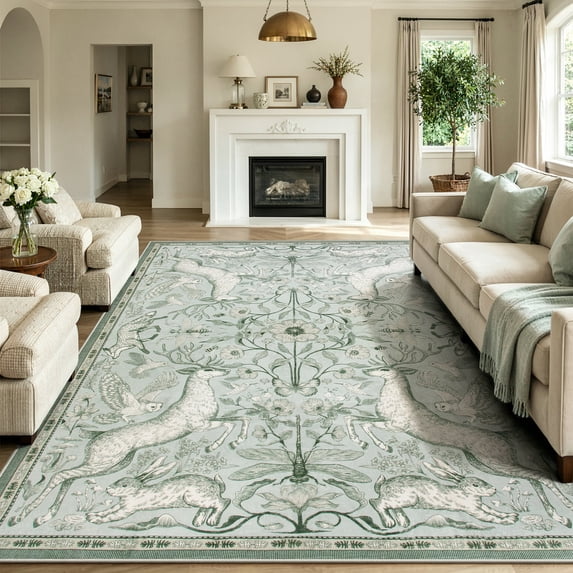 RUG ROBOT 8'x10' Area Rug for Living Room, Vintage Cottagecore Rug for Bedroom,Washable Woodland Rug for Dinning Room Nursery Playroom Non Slip Low Pile Stain Resistant, Sage Green
