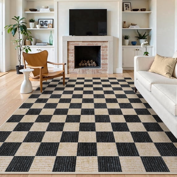 RUG ROBOT 8'x10' Area Rugs for Living Room, Washable Non-Slip Checkered Rugs for Bedroom, Dining Room, Soft Low-Pile Classic Farmhouse Geometric Indoor Large Accent Carpet, Black
