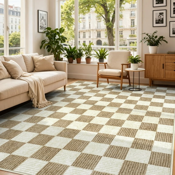 RUG ROBOT 8'x10' Area Rugs for Living Room, Washable Non-Slip Checkered Rugs for Bedroom, Dining Room, Soft Low-Pile Classic Farmhouse Geometric Indoor Large Accent Carpet, Brown