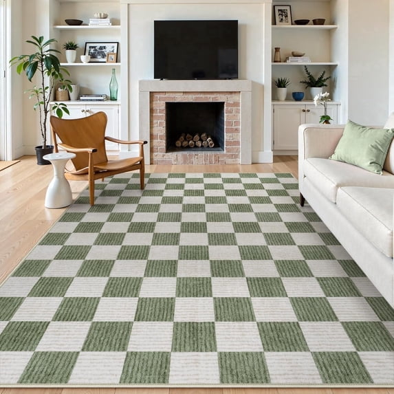 RUG ROBOT 8'x10' Area Rugs for Living Room, Washable Non-Slip Checkered Rugs for Bedroom, Dining Room, Soft Low-Pile Classic Farmhouse Geometric Indoor Large Accent Carpet, Green
