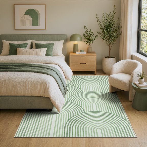 RUG ROBOT 4'x6' Abstract Washable Rugs, Non Slip Ultra-Thin Soft Area Rugs for Living Room, Bedroom, Dining Room, Boho Mid Century Modern Colored Indoor Rainbow Carpet, Green