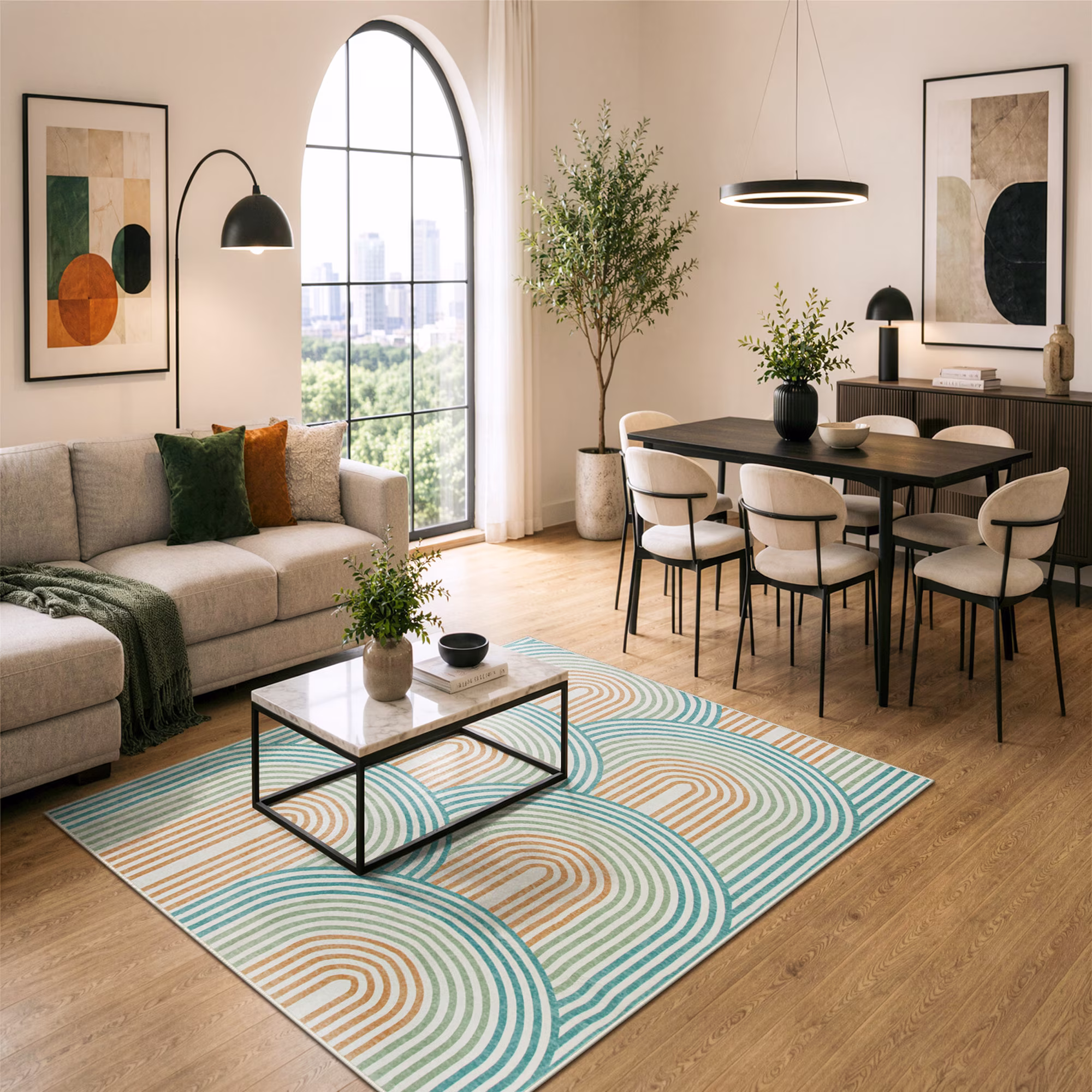 RUG ROBOT 4'x6' Abstract Washable Rugs, Non Slip Ultra-Thin Soft Area Rugs for Living Room, Bedroom, Dining Room, Boho Mid Century Modern Colored Indoor Rainbow Carpet, Orange/Green