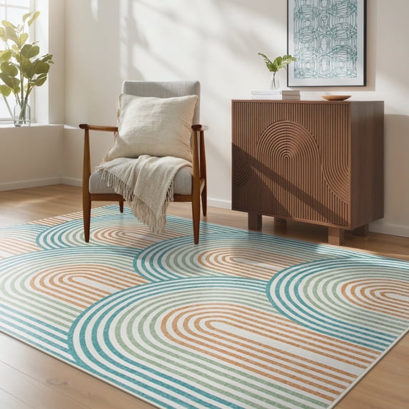 RUG ROBOT 4'x6' Abstract Washable Rugs, Non Slip Ultra-Thin Soft Area Rugs for Living Room, Bedroom, Dining Room, Boho Mid Century Modern Colored Indoor Rainbow Carpet, Orange/Green